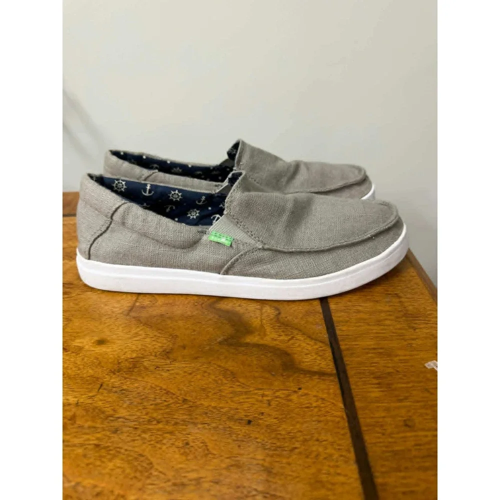 Sanuk Mens 9 Grey Canvas Slip On Loafers Nautical‎ Anchor Print Lining C